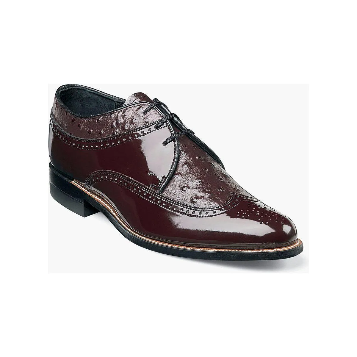 00375 Stacy Adams Leather Shoes Dayton Ostrich Wingtip Oxford Black Burgundy