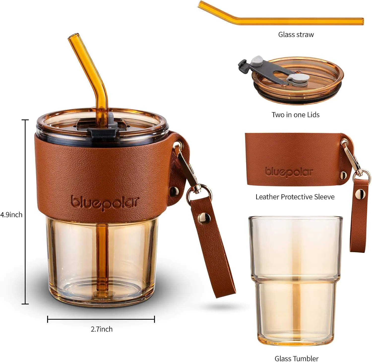 13 oz Tumbler Water Glass, Water Bottle with Straw and Dustproof Lid, Coffee Ice Cup Double Wall Insulated Glass Cup (Amber with Sleeve and Strap)