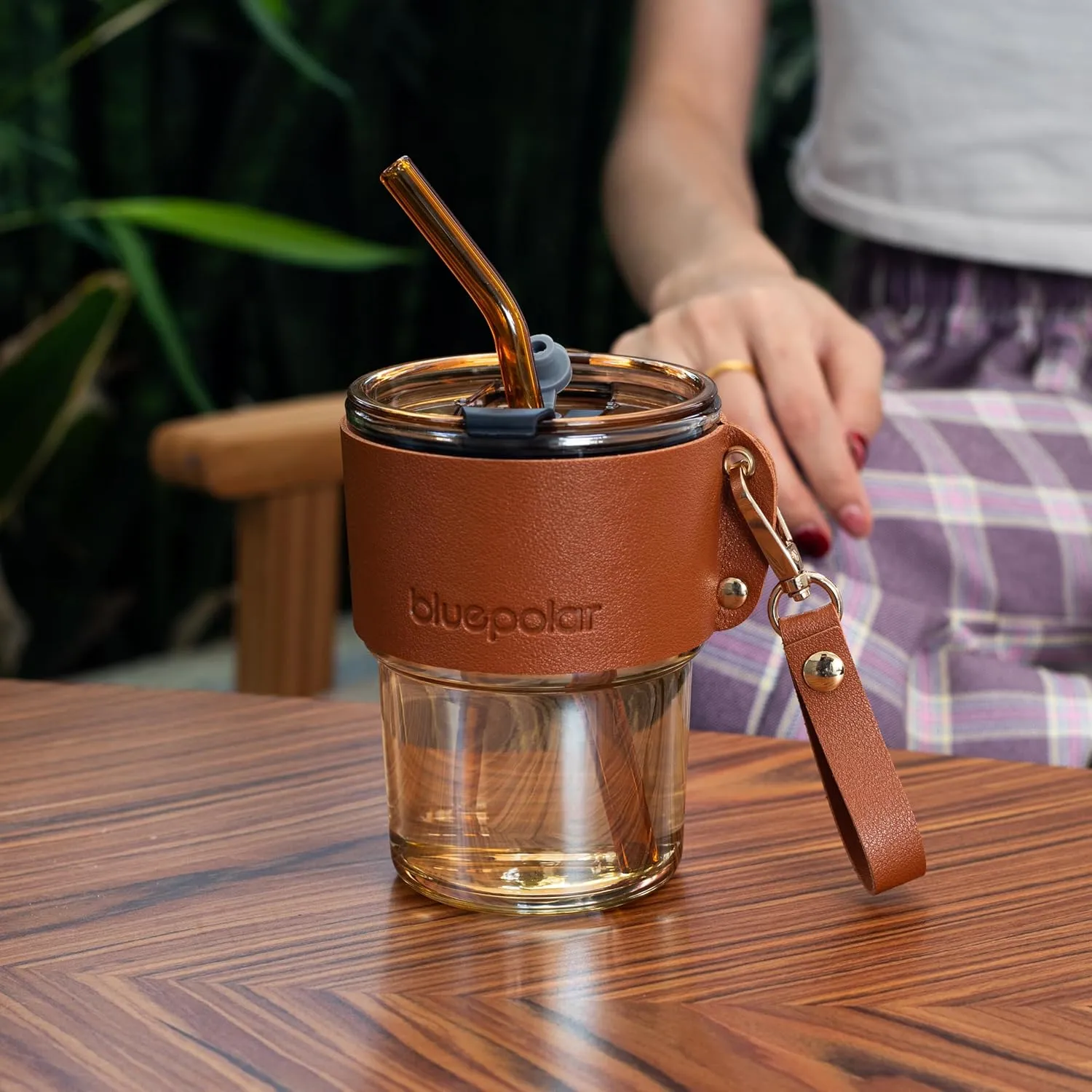 13 oz Tumbler Water Glass, Water Bottle with Straw and Dustproof Lid, Coffee Ice Cup Double Wall Insulated Glass Cup (Amber with Sleeve and Strap)