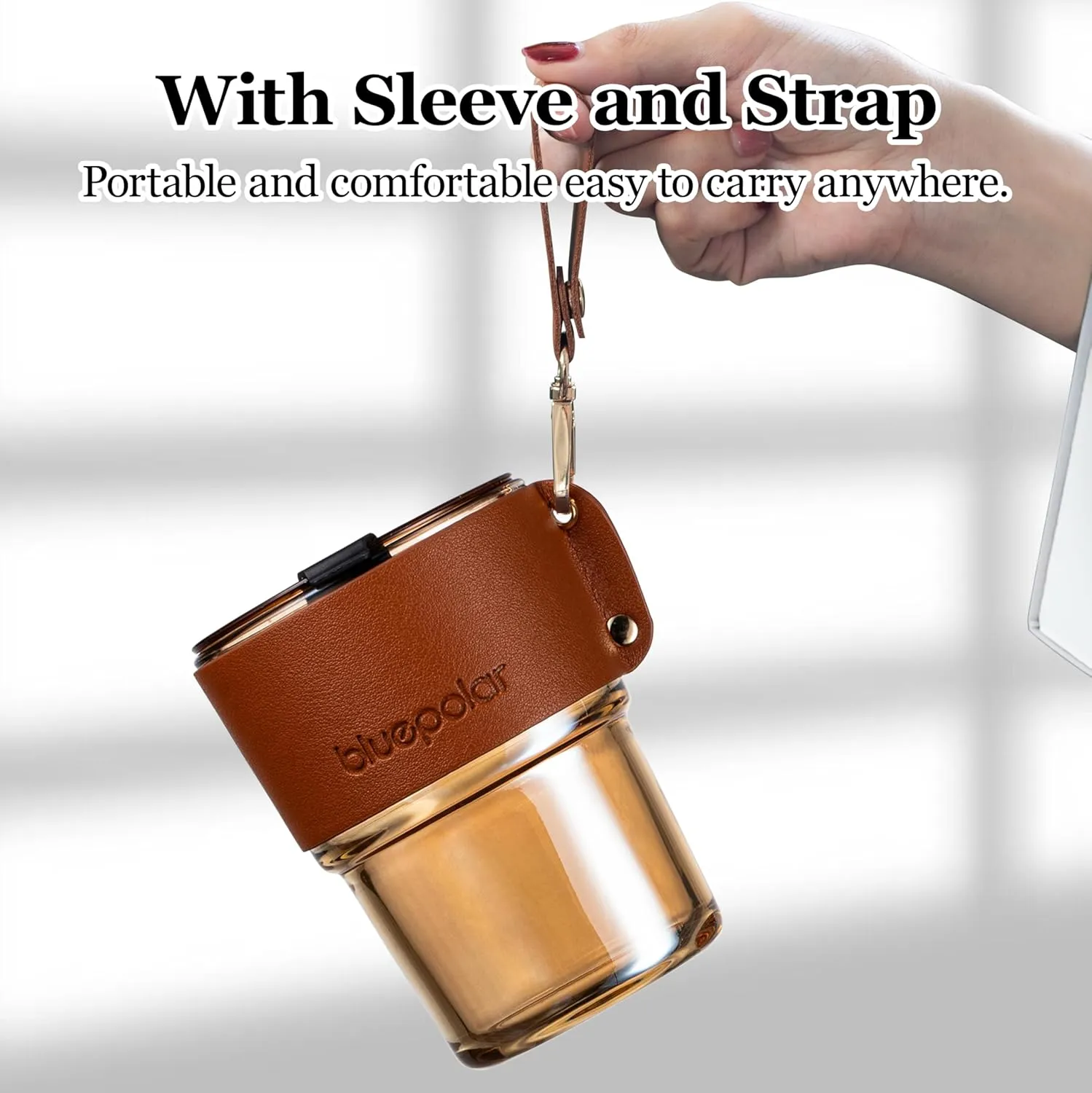 13 oz Tumbler Water Glass, Water Bottle with Straw and Dustproof Lid, Coffee Ice Cup Double Wall Insulated Glass Cup (Amber with Sleeve and Strap)