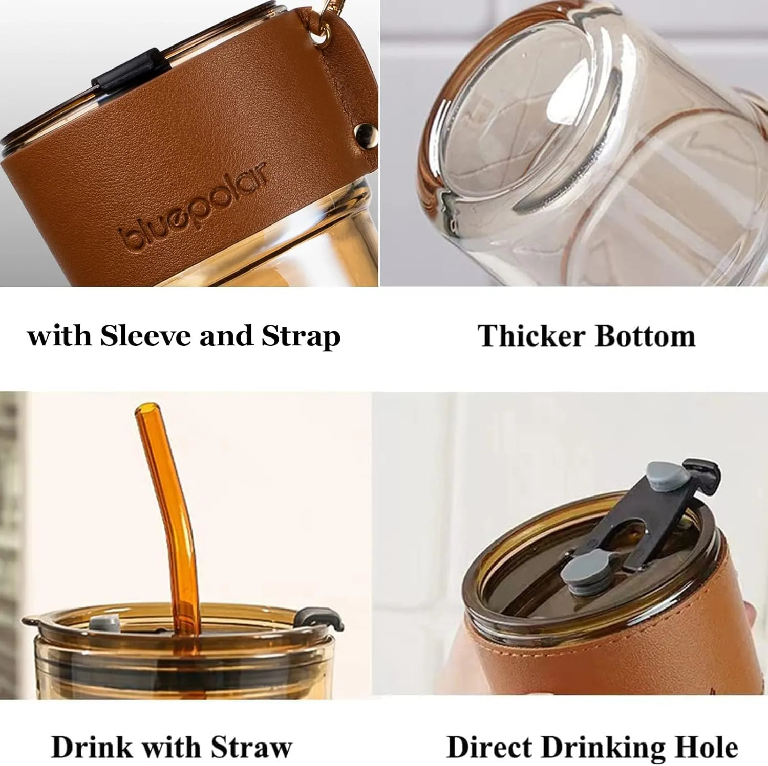 13 oz Tumbler Water Glass, Water Bottle with Straw and Dustproof Lid, Coffee Ice Cup Double Wall Insulated Glass Cup (Amber with Sleeve and Strap)
