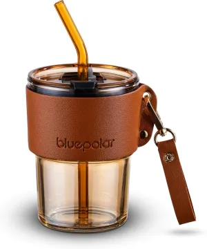 13 oz Tumbler Water Glass, Water Bottle with Straw and Dustproof Lid, Coffee Ice Cup Double Wall Insulated Glass Cup (Amber with Sleeve and Strap)