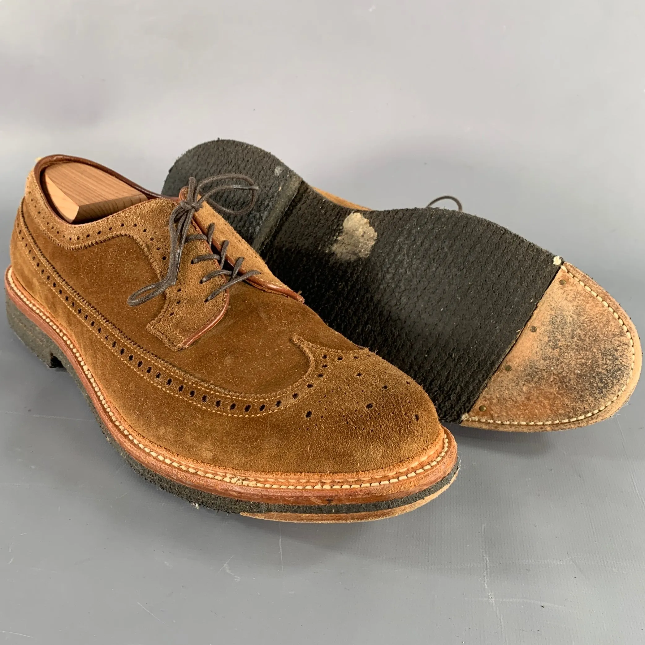 ALDEN Size 12.5 Brown Perforated Suede Wingtip Lace-Up Shoes