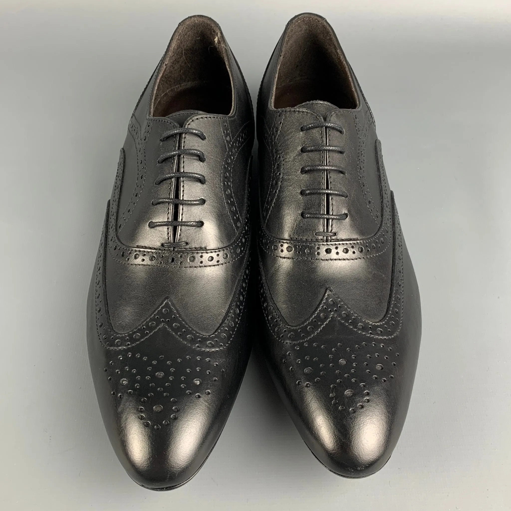 A.TESTONI Size 9 Black Perforated Leather Wingtip Lace Up Shoes