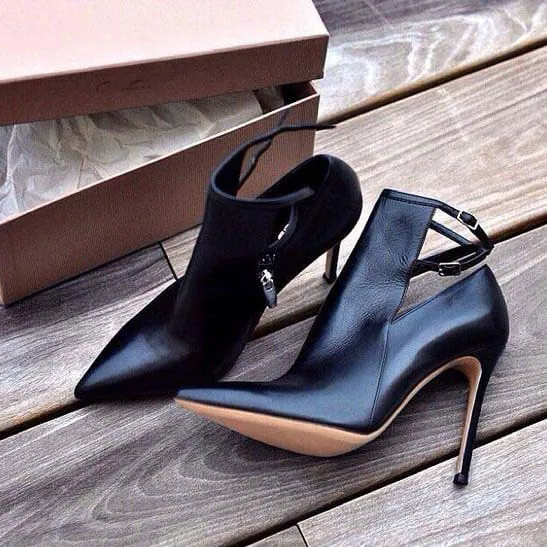 Black Ankle Strap Point Toe Straps Leather Pumps