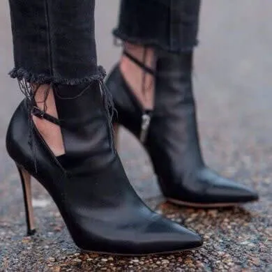 Black Ankle Strap Point Toe Straps Leather Pumps
