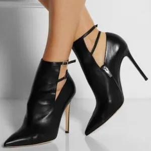 Black Ankle Strap Point Toe Straps Leather Pumps