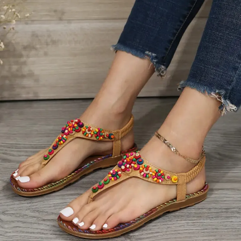 Boho beach colorful bead slip on flat sandals