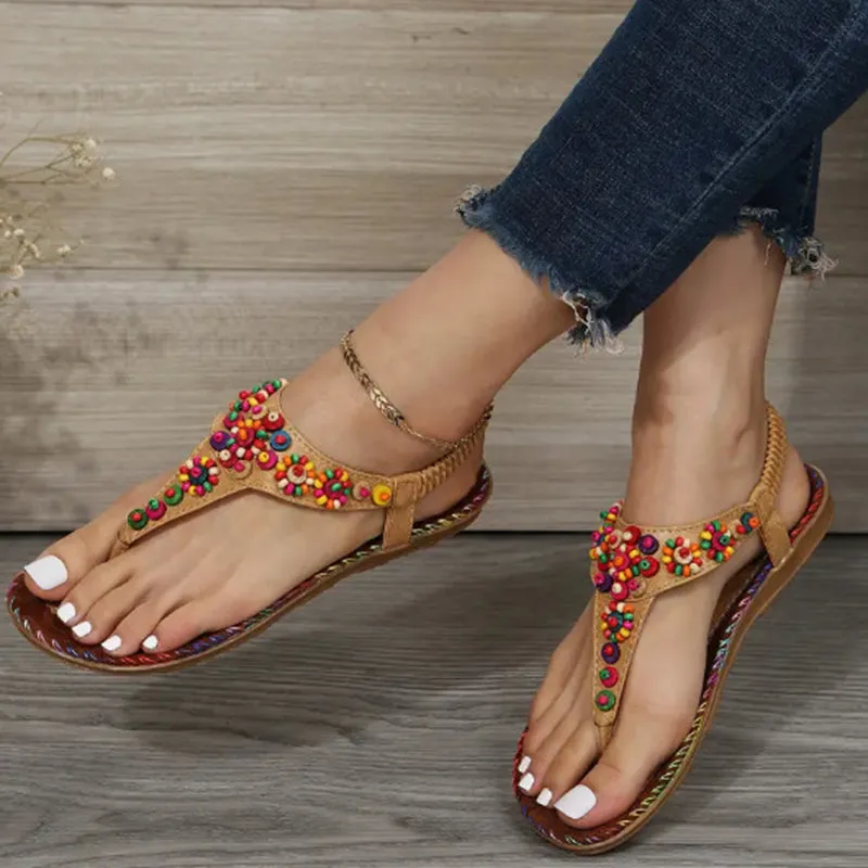 Boho beach colorful bead slip on flat sandals