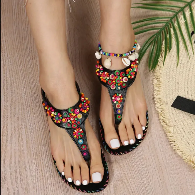 Boho beach colorful bead slip on flat sandals