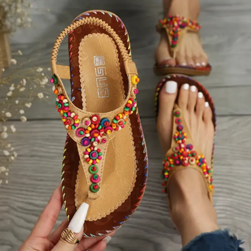 Boho beach colorful bead slip on flat sandals