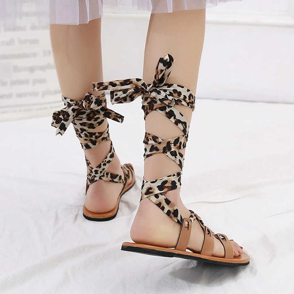 Chicvane Leopard Print Thong Bandage Knee Flat Shoes Rome Sandals