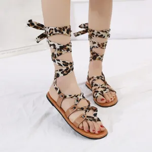 Chicvane Leopard Print Thong Bandage Knee Flat Shoes Rome Sandals
