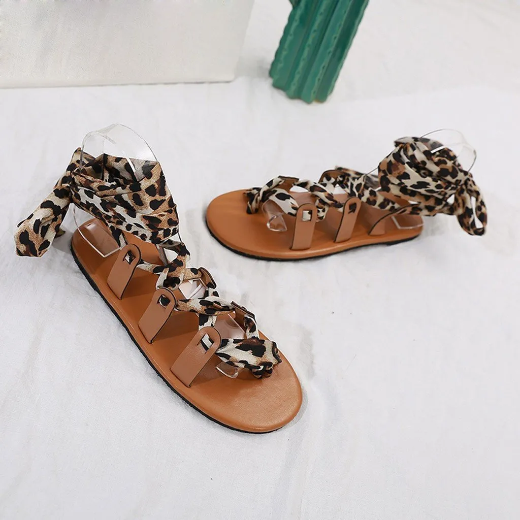Chicvane Leopard Print Thong Bandage Knee Flat Shoes Rome Sandals