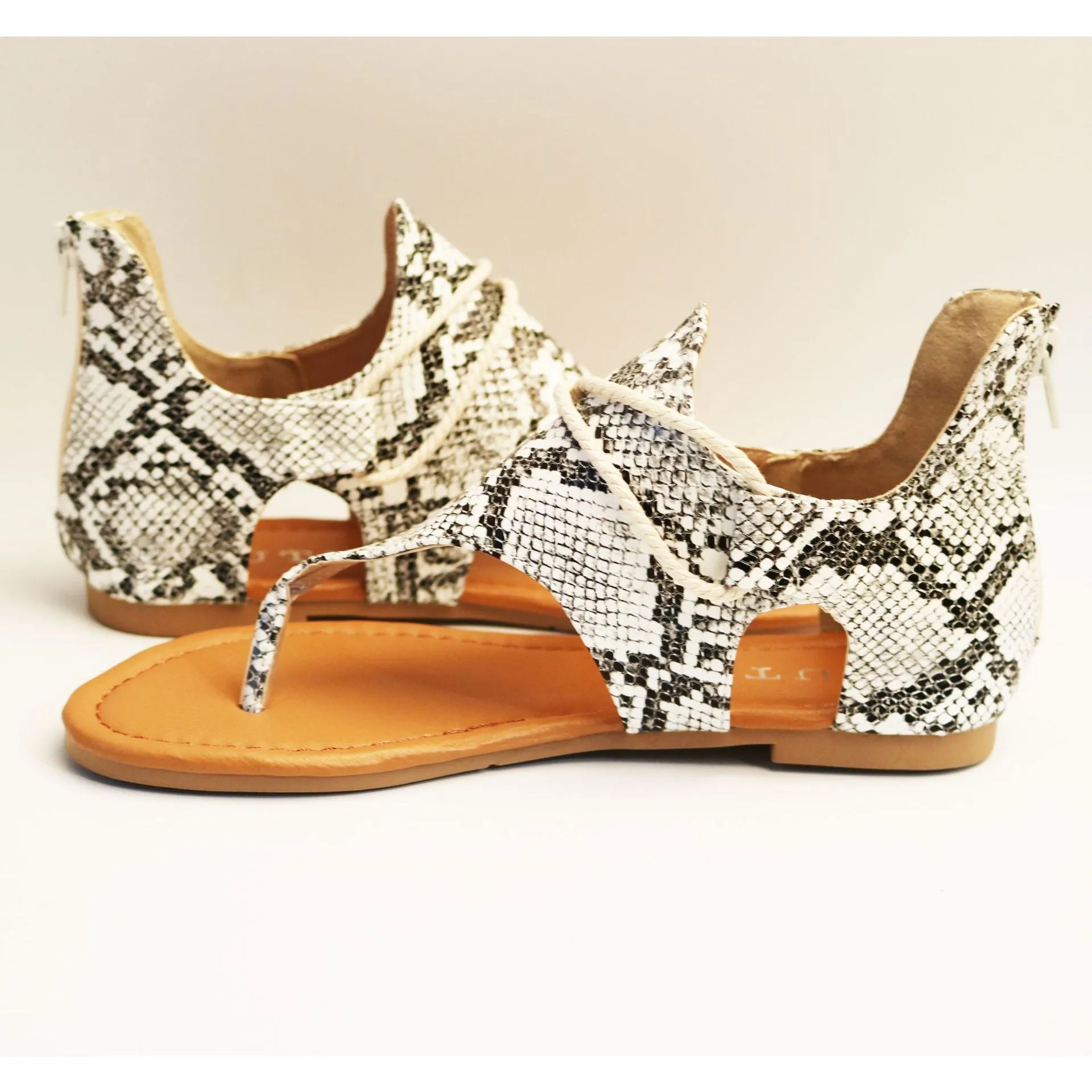 Chicvane Snakeskin Print Flip Flops Flat Sandals with Zipper