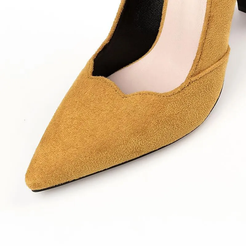 Chunky Heel Point Toe Suede Pumps
