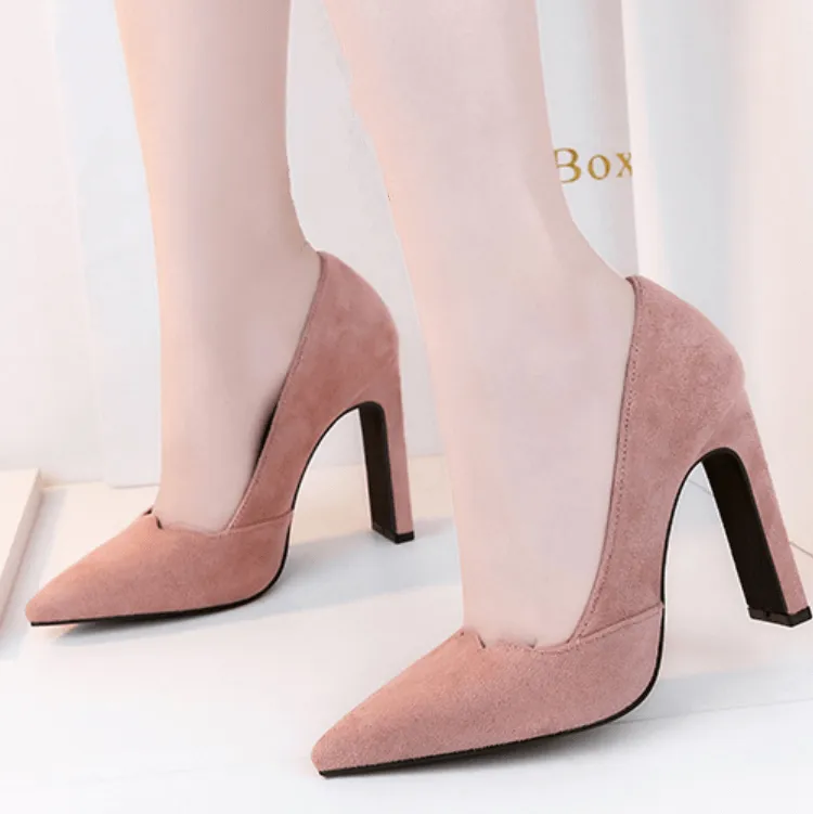 Chunky Heel Point Toe Suede Pumps