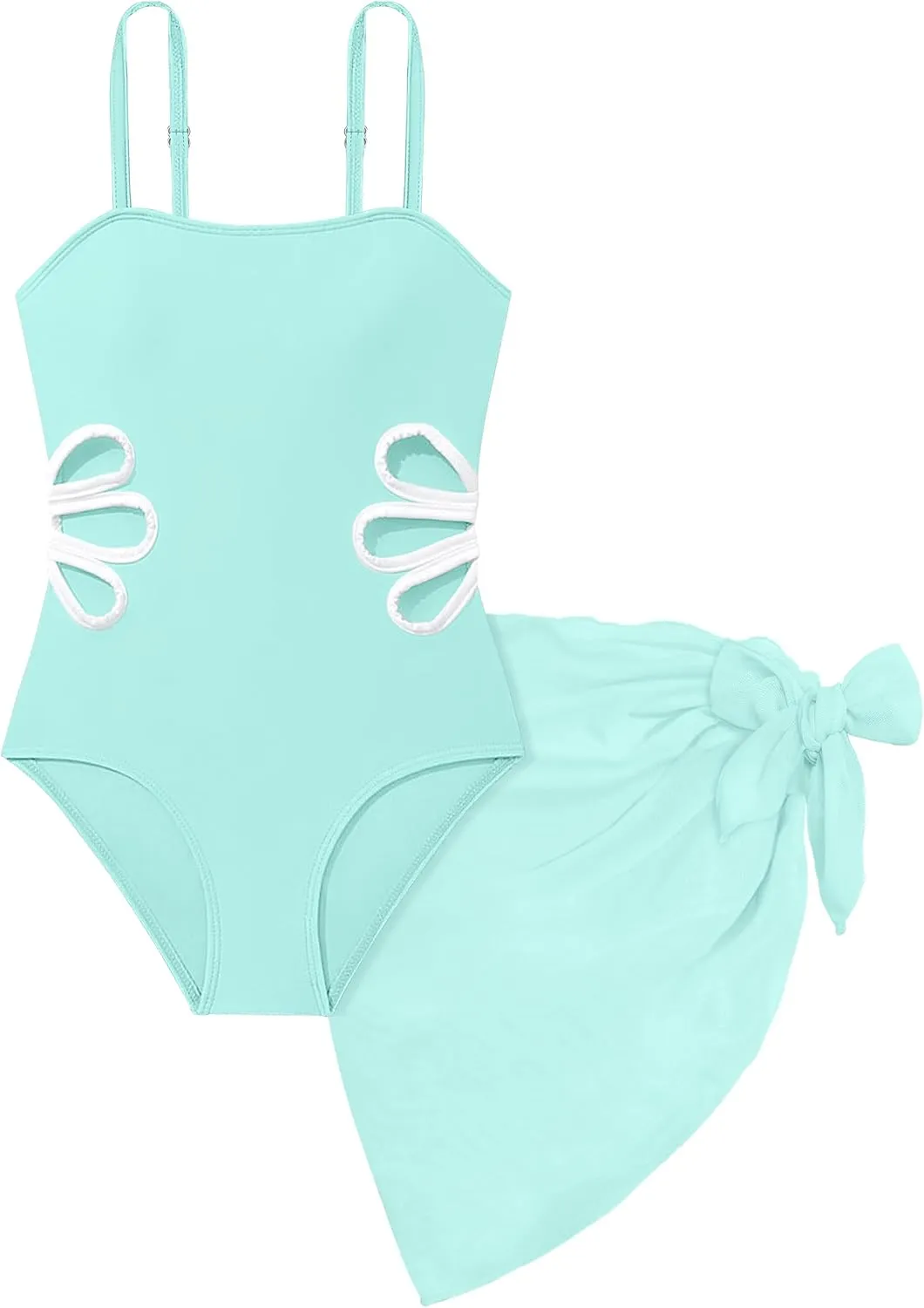 Girls Swimsuit, Adjustable Straps Cut Out One Piece Bathing Suit with Solid Color Cover Up Skirt Girls' Swimwear