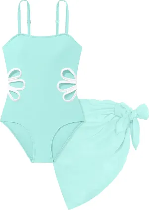 Girls Swimsuit, Adjustable Straps Cut Out One Piece Bathing Suit with Solid Color Cover Up Skirt Girls' Swimwear