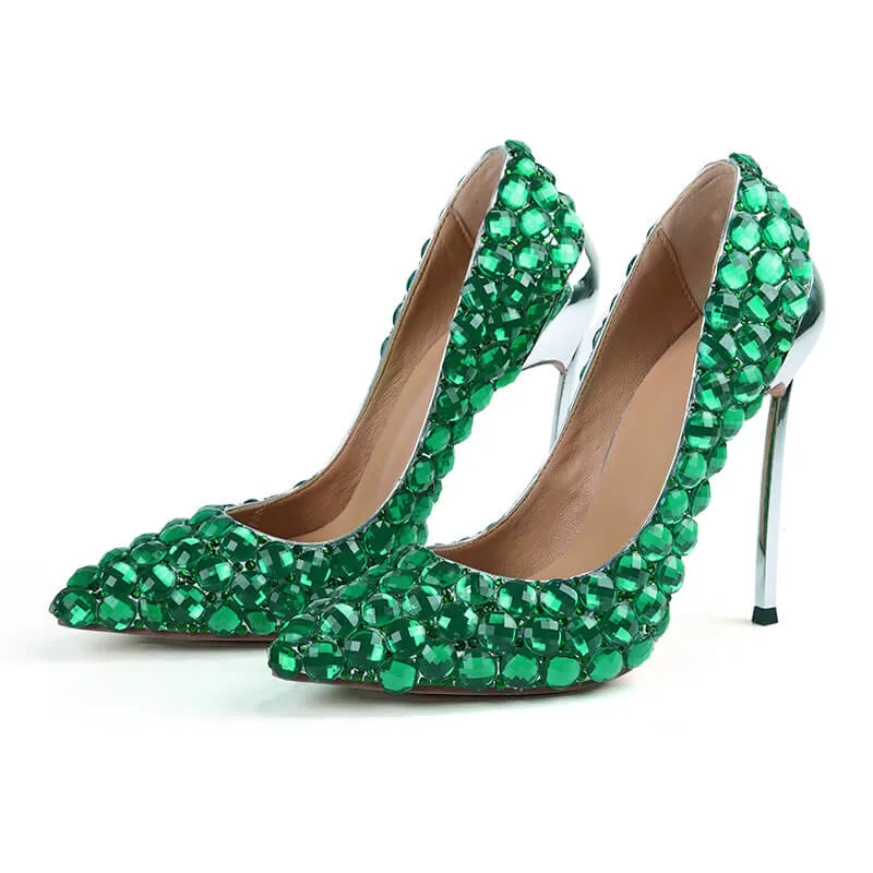 Green Ankle Rhinestone Stiletto Heel Point Toe Pumps