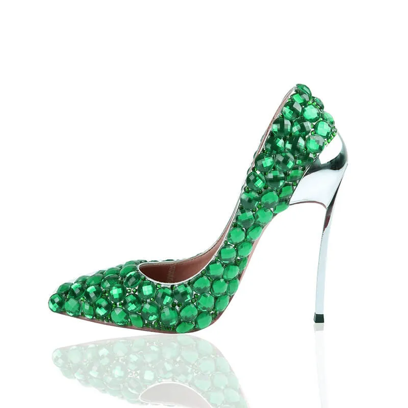 Green Ankle Rhinestone Stiletto Heel Point Toe Pumps