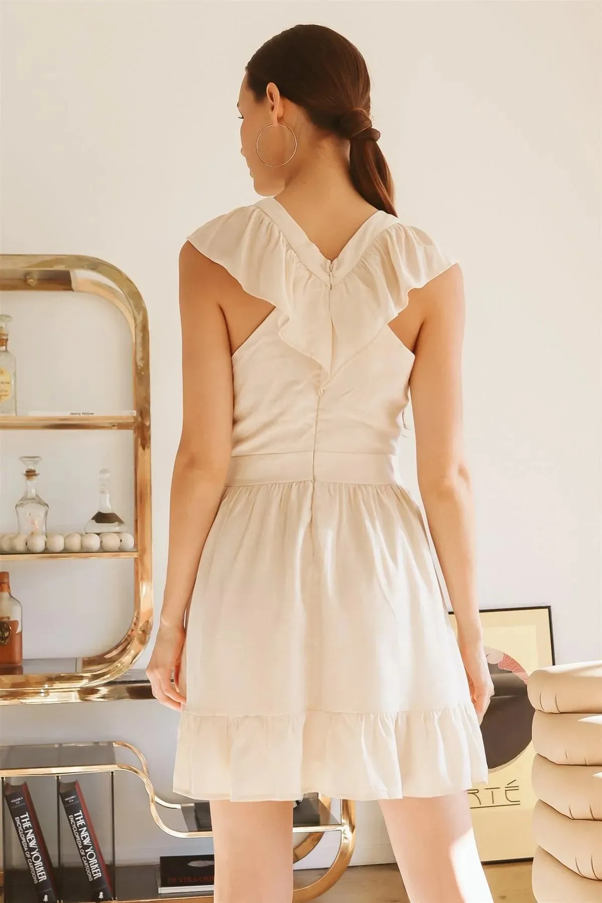 Ivory Criss-Cross Ruffle Cut-Out Flare Hem Mini Dress /2-2-1