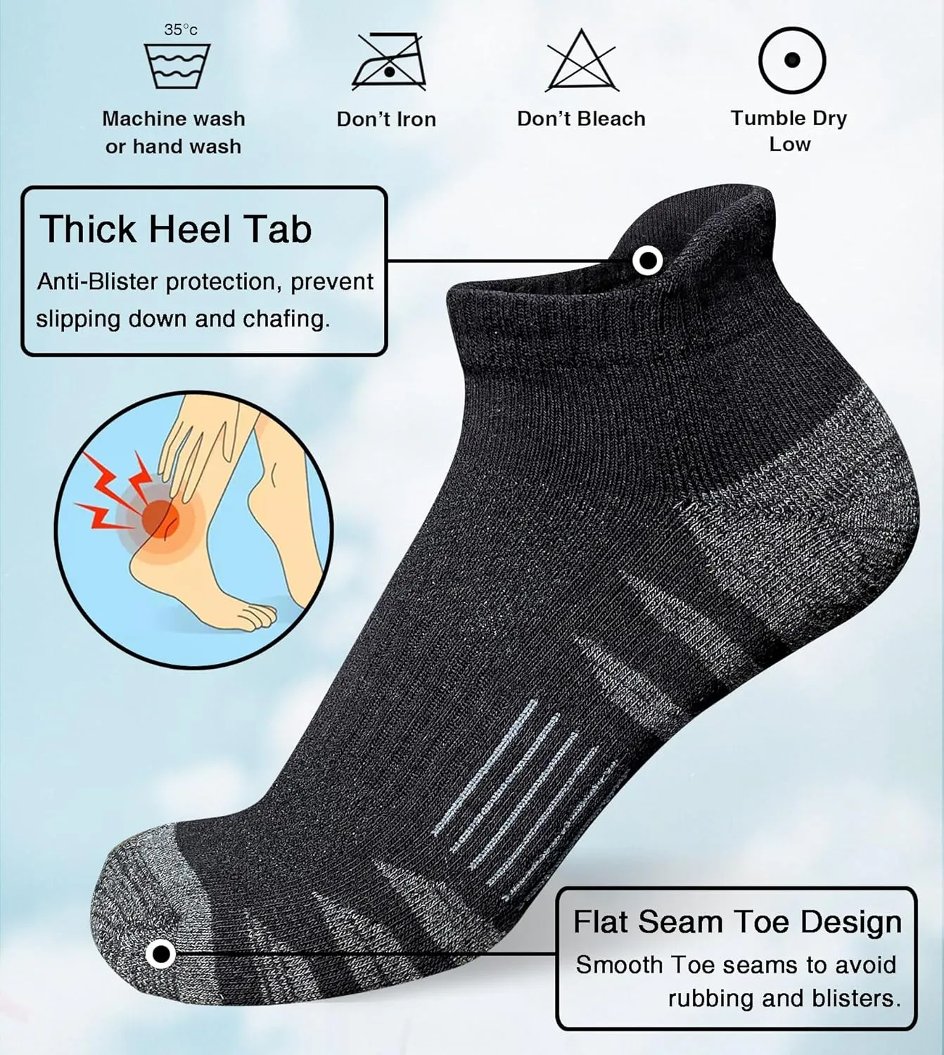 Men's Athletic Cushioned Cotton Socks Anti-blister Wicking Breathable Running Ankle Socks 5 Pairs