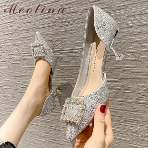 MEOTINA Crystal Pointed Toe Inner Cut Out Medium Heel Shoes