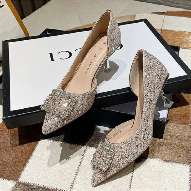 MEOTINA Crystal Pointed Toe Inner Cut Out Medium Heel Shoes