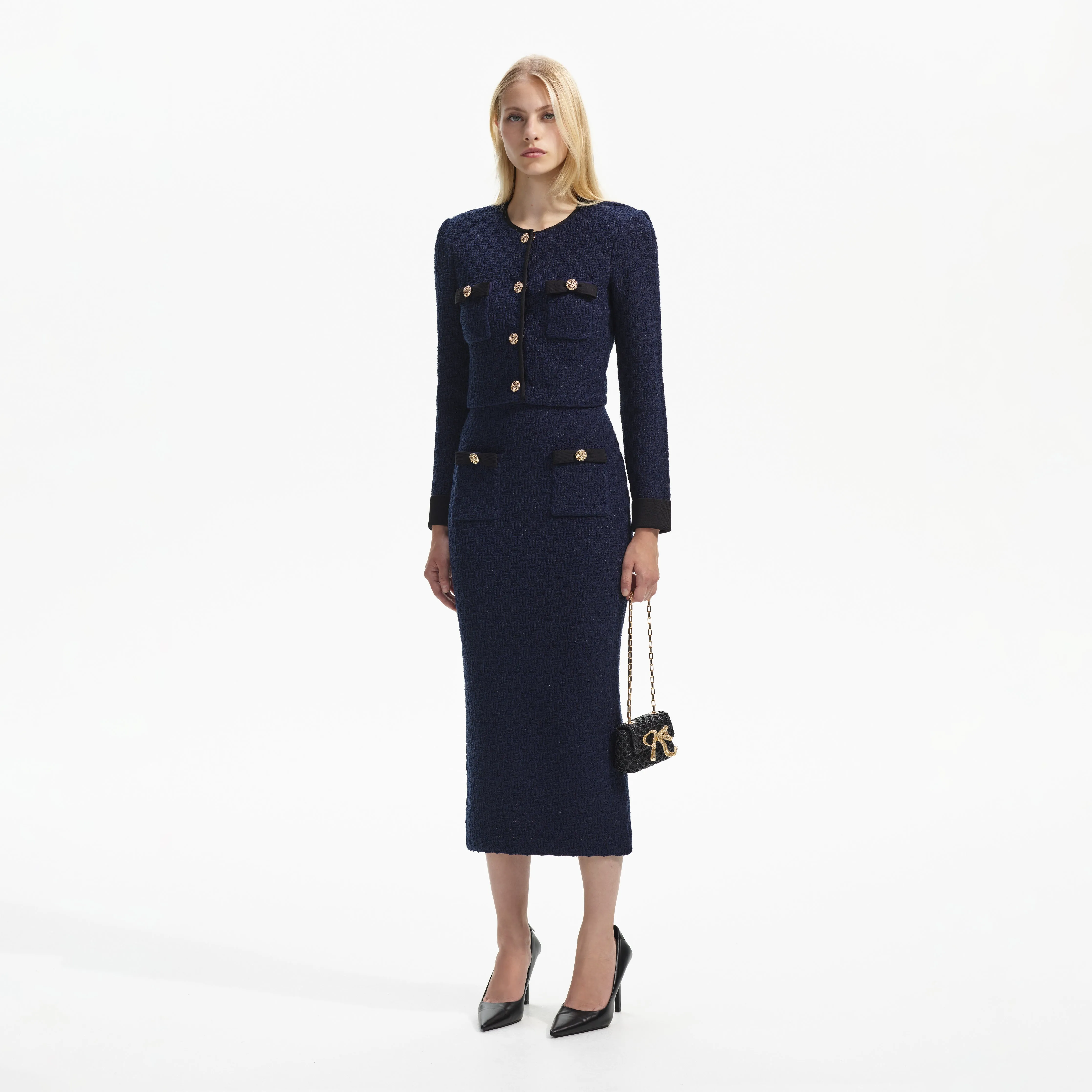 Navy Weave Knit Midi Skirt