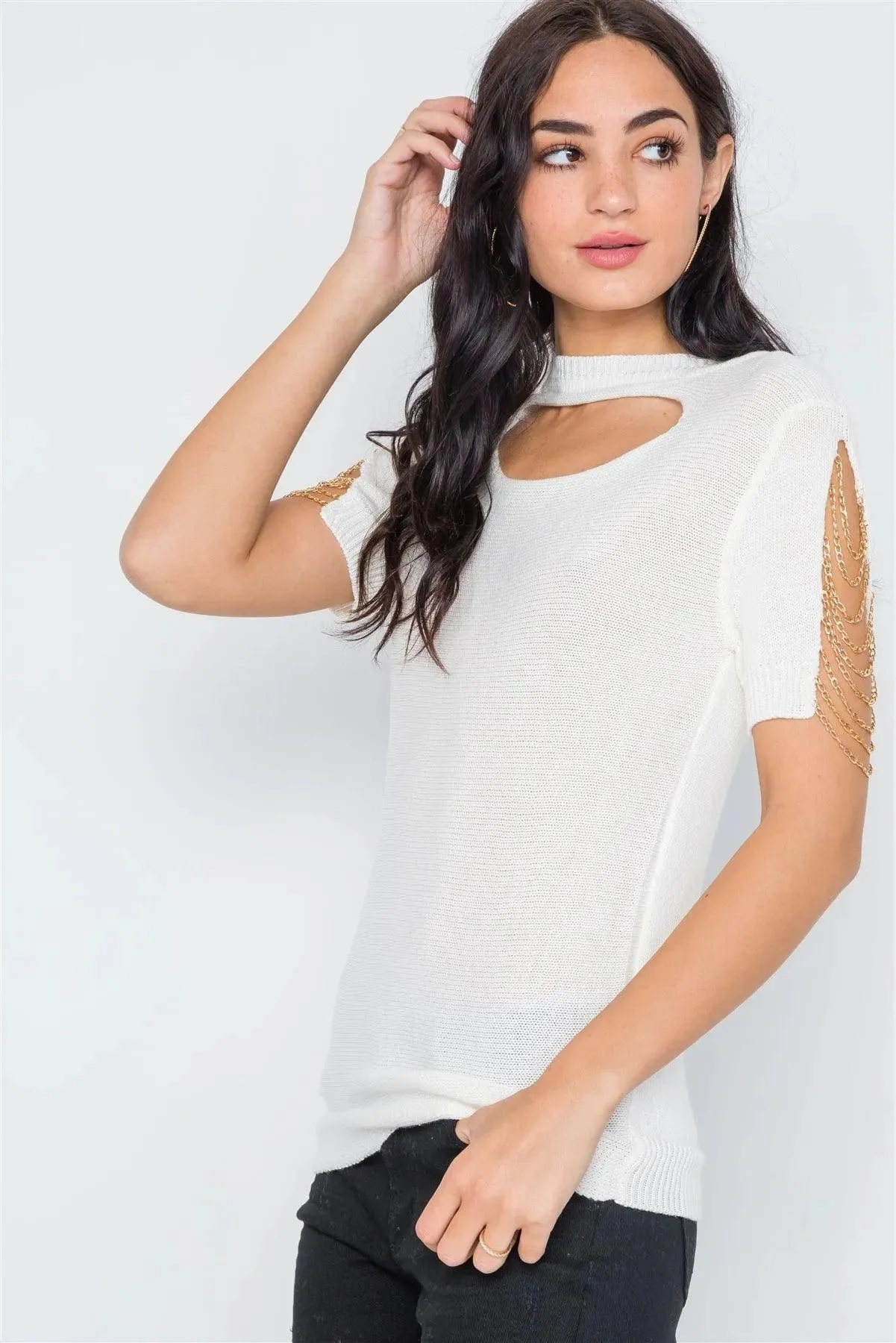 Off White Chain Sleeves Cut Out Knit Top /5