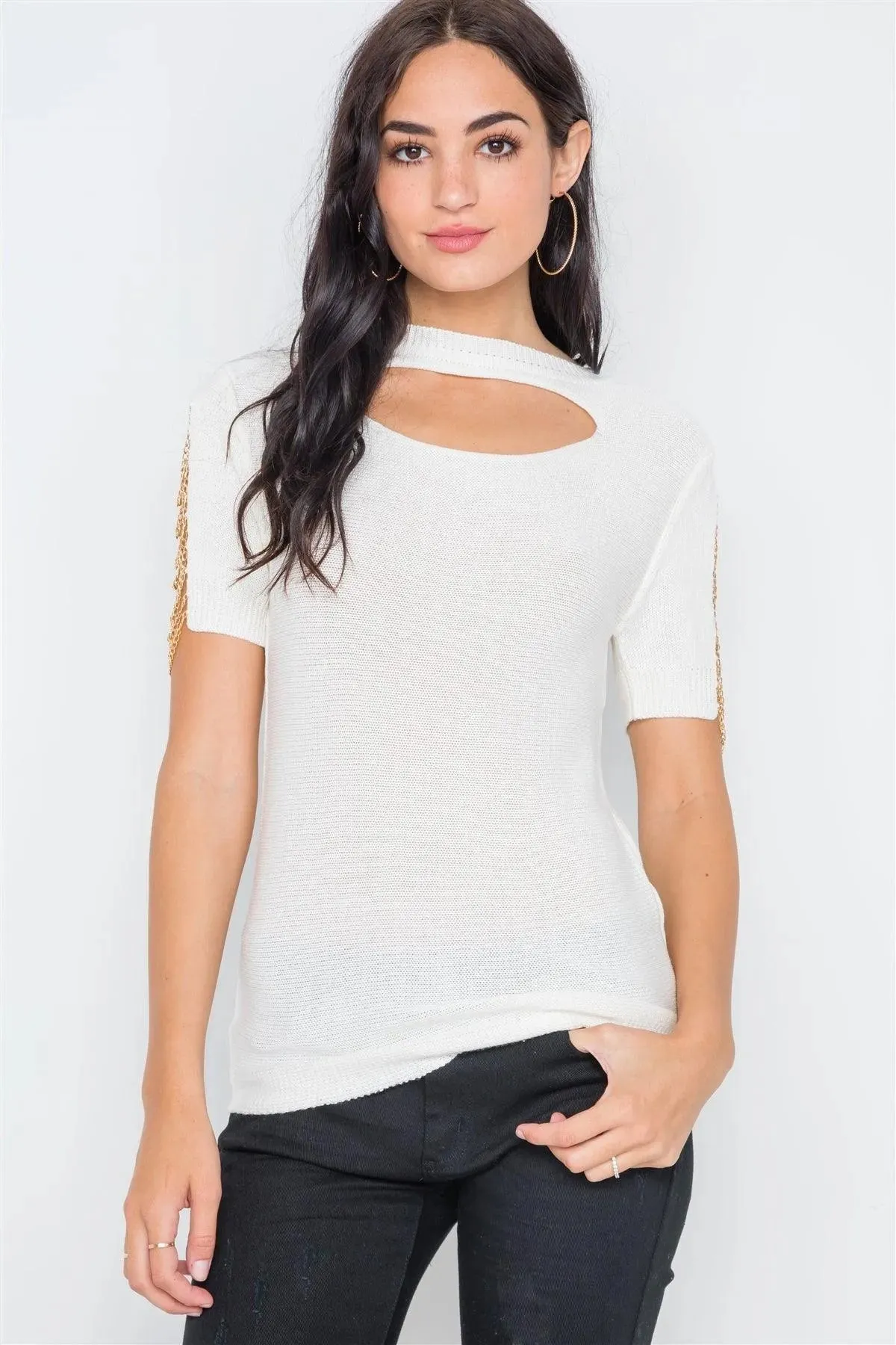 Off White Chain Sleeves Cut Out Knit Top /5