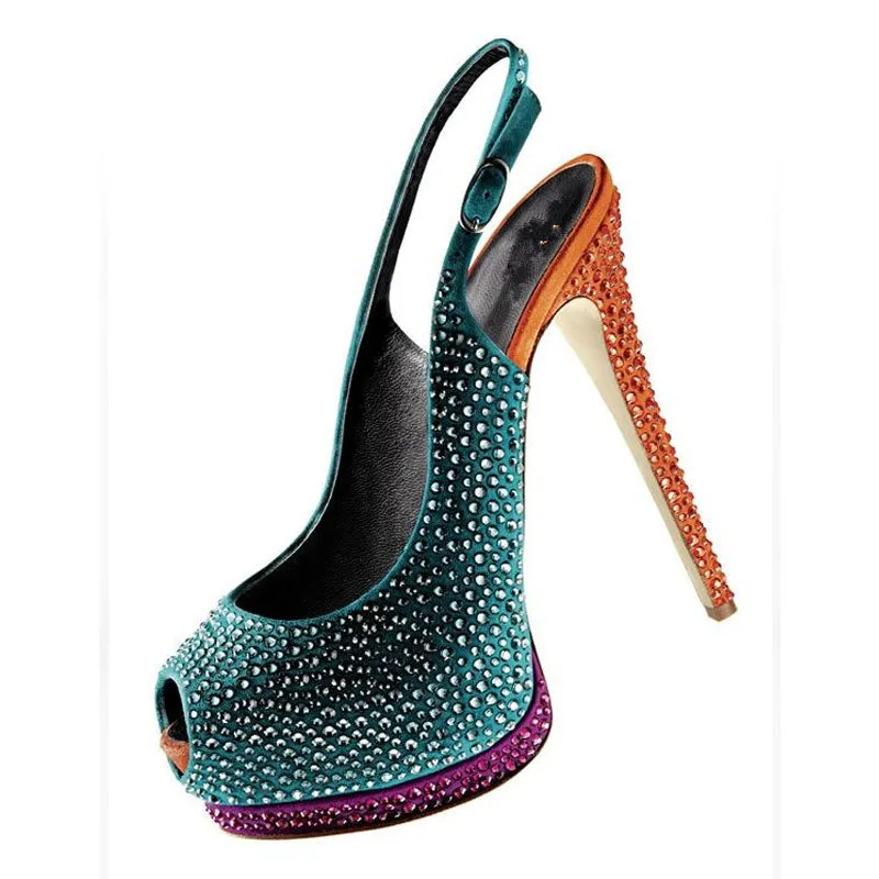 Party Peep Toe Platform Rhinestone Buckle Pumps