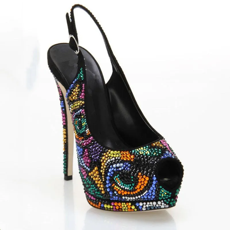 Party Peep Toe Platform Rhinestone Buckle Pumps