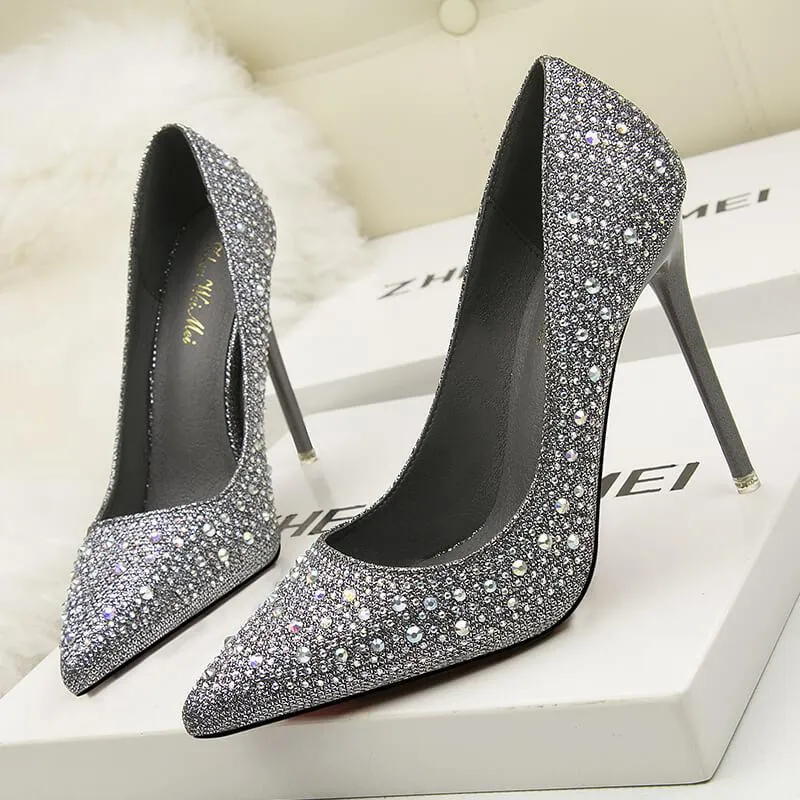 Party PU Rhinestone Point Toe Slip On Pumps