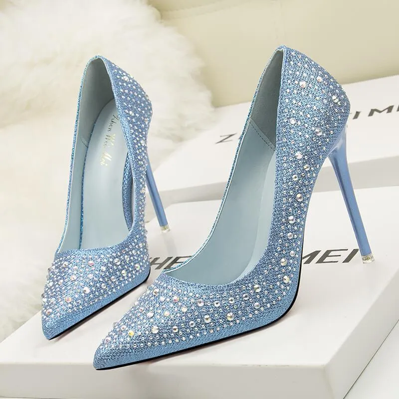 Party PU Rhinestone Point Toe Slip On Pumps