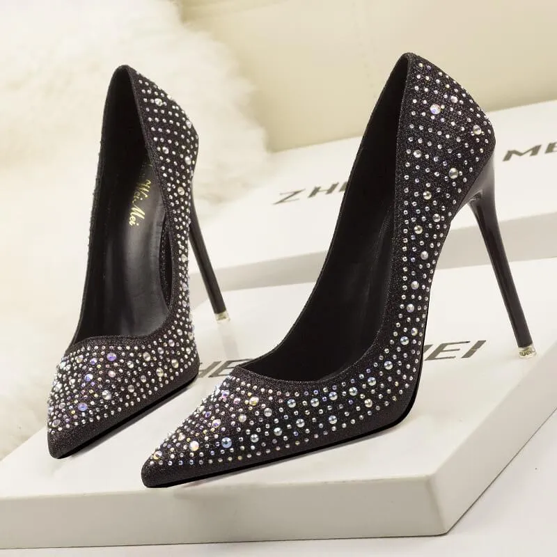 Party PU Rhinestone Point Toe Slip On Pumps