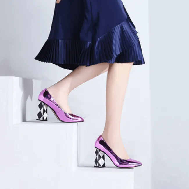 Patent Leather Point Toe Slip-On Chunky Heel Pumps