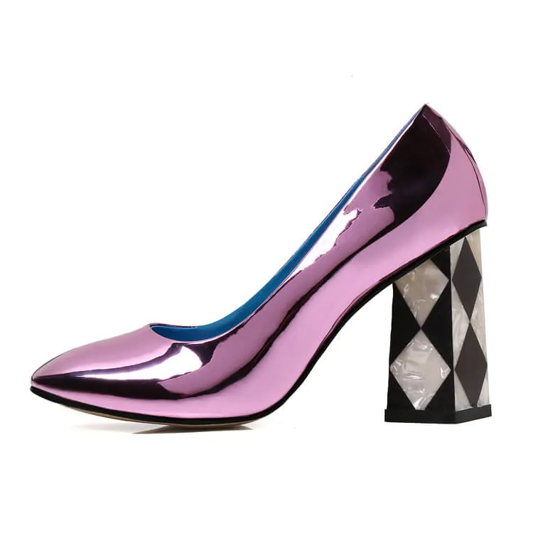 Patent Leather Point Toe Slip-On Chunky Heel Pumps