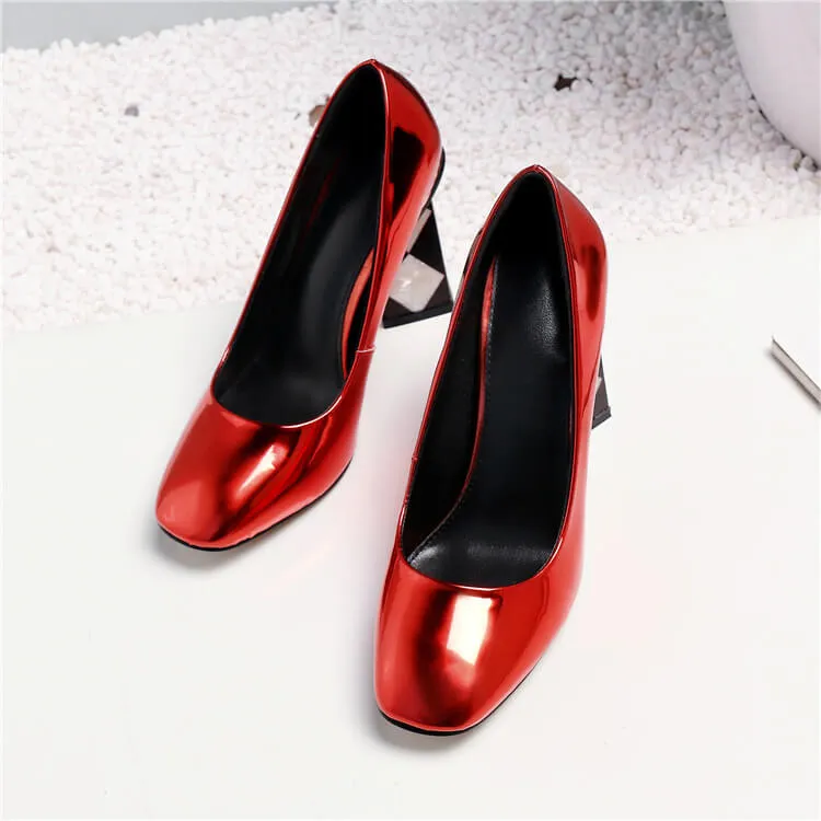 Patent Leather Point Toe Slip-On Chunky Heel Pumps