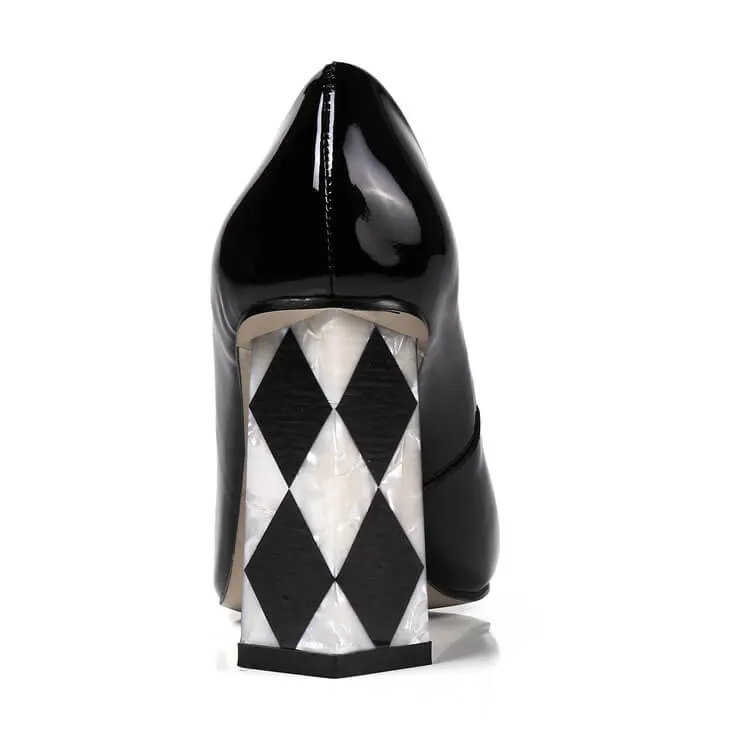 Patent Leather Point Toe Slip-On Chunky Heel Pumps