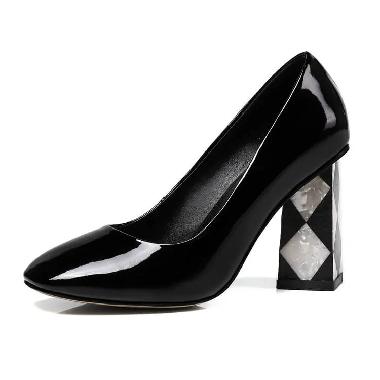 Patent Leather Point Toe Slip-On Chunky Heel Pumps