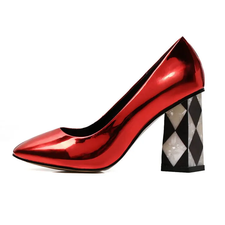 Patent Leather Point Toe Slip-On Chunky Heel Pumps