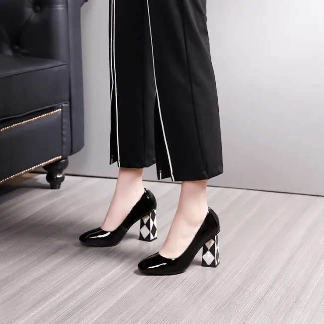 Patent Leather Point Toe Slip-On Chunky Heel Pumps