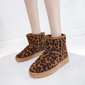 Round Toe Snow Lepoard Suede Flat Boots