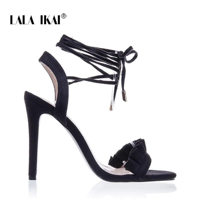 Ruffle Cross Ankle Strap High Heels Sandals
