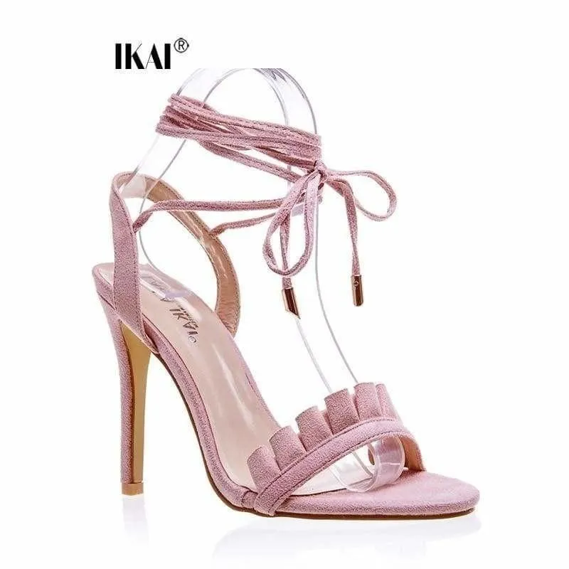 Ruffle Cross Ankle Strap High Heels Sandals