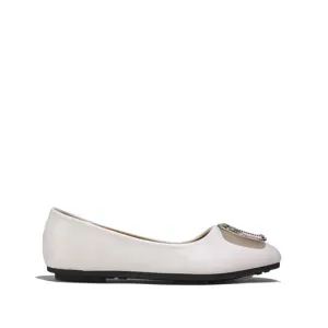 Silver Square Buckle Ballet Flats White