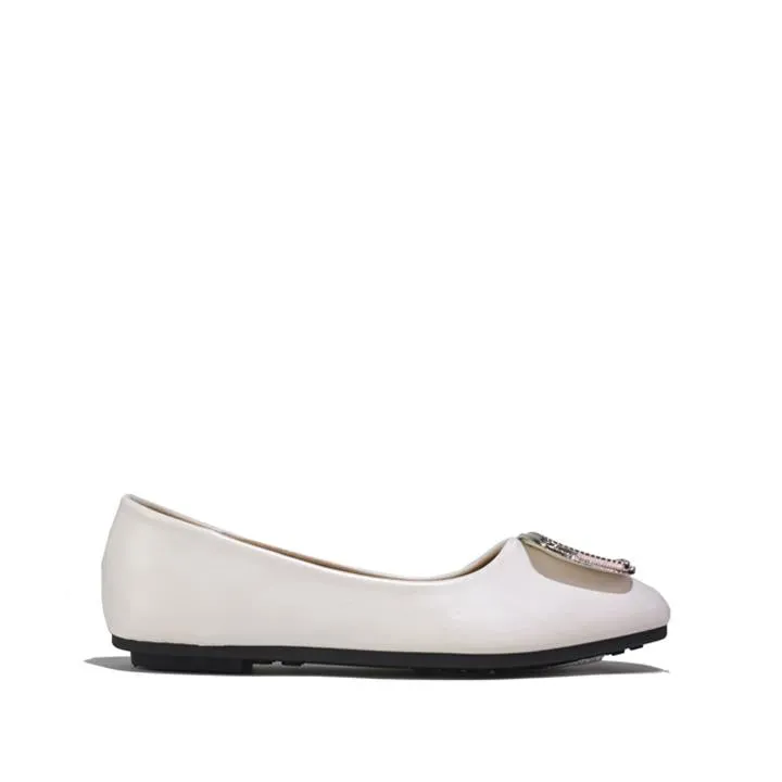 Silver Square Buckle Ballet Flats White