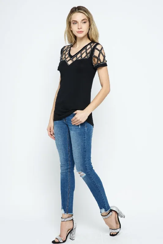 Vocal Cut Out Neckline Silver Studs Top - Black